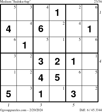 The grouppuzzles.com Medium Sudoku-6up puzzle for Tuesday February 20, 2024 with all 6 steps marked