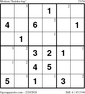 The grouppuzzles.com Medium Sudoku-6up puzzle for Tuesday February 20, 2024 with the first 3 steps marked