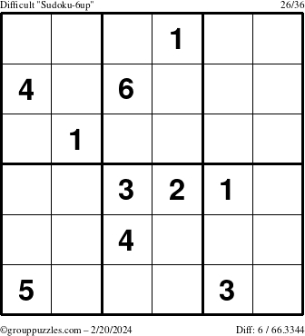 The grouppuzzles.com Difficult Sudoku-6up puzzle for Tuesday February 20, 2024