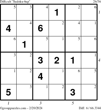The grouppuzzles.com Difficult Sudoku-6up puzzle for Tuesday February 20, 2024 with all 6 steps marked