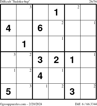 The grouppuzzles.com Difficult Sudoku-6up puzzle for Tuesday February 20, 2024 with the first 3 steps marked