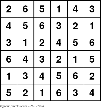 The grouppuzzles.com Answer grid for the Sudoku-6up puzzle for Tuesday February 20, 2024