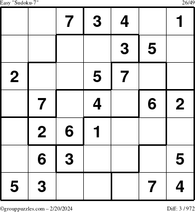 The grouppuzzles.com Easy Sudoku-7 puzzle for Tuesday February 20, 2024