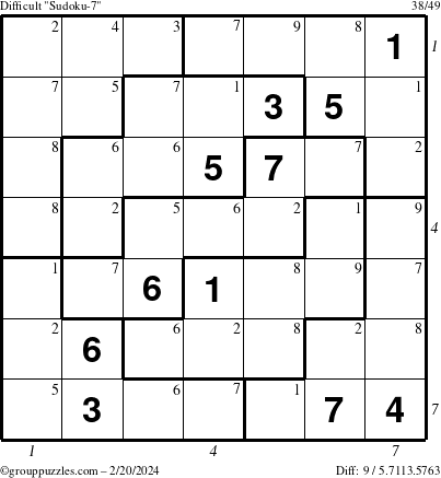 The grouppuzzles.com Difficult Sudoku-7 puzzle for Tuesday February 20, 2024 with all 9 steps marked
