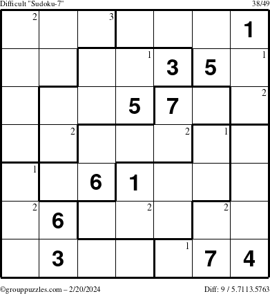 The grouppuzzles.com Difficult Sudoku-7 puzzle for Tuesday February 20, 2024 with the first 3 steps marked