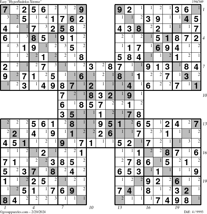 The grouppuzzles.com Easy HyperSudoku-Xtreme puzzle for Tuesday February 20, 2024 with all 4 steps marked