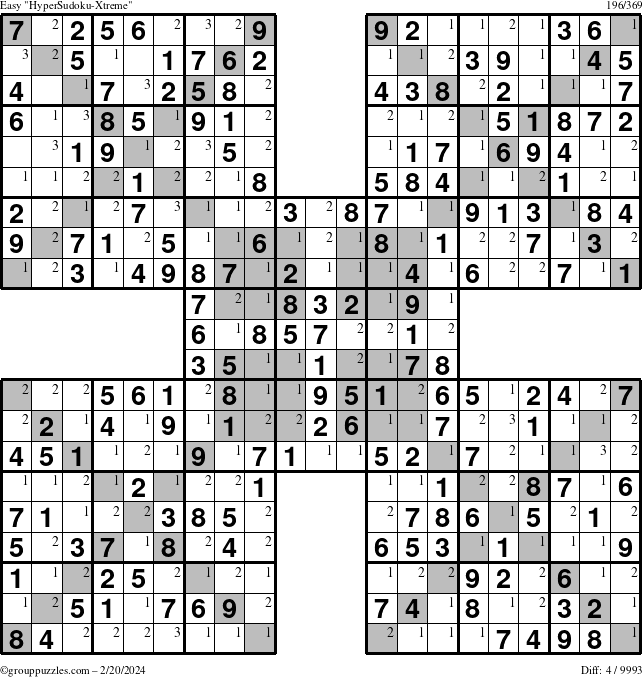 The grouppuzzles.com Easy HyperSudoku-Xtreme puzzle for Tuesday February 20, 2024 with the first 3 steps marked