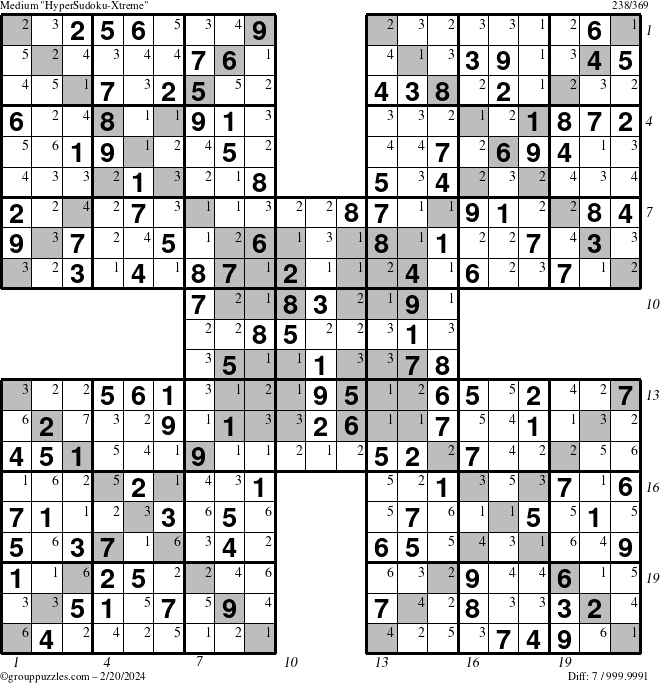The grouppuzzles.com Medium HyperSudoku-Xtreme puzzle for Tuesday February 20, 2024 with all 7 steps marked