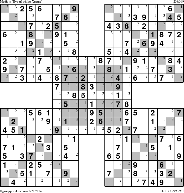 The grouppuzzles.com Medium HyperSudoku-Xtreme puzzle for Tuesday February 20, 2024 with the first 3 steps marked