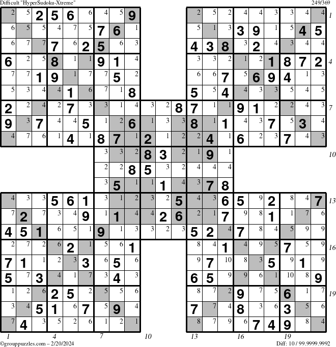 The grouppuzzles.com Difficult HyperSudoku-Xtreme puzzle for Tuesday February 20, 2024 with all 10 steps marked