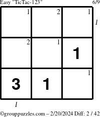 The grouppuzzles.com Easy TicTac-123 puzzle for Tuesday February 20, 2024 with all 2 steps marked