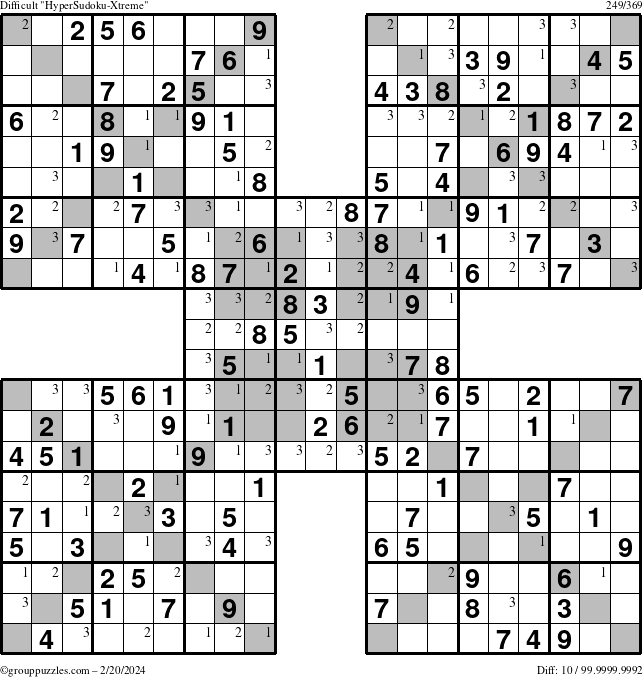 The grouppuzzles.com Difficult HyperSudoku-Xtreme puzzle for Tuesday February 20, 2024 with the first 3 steps marked