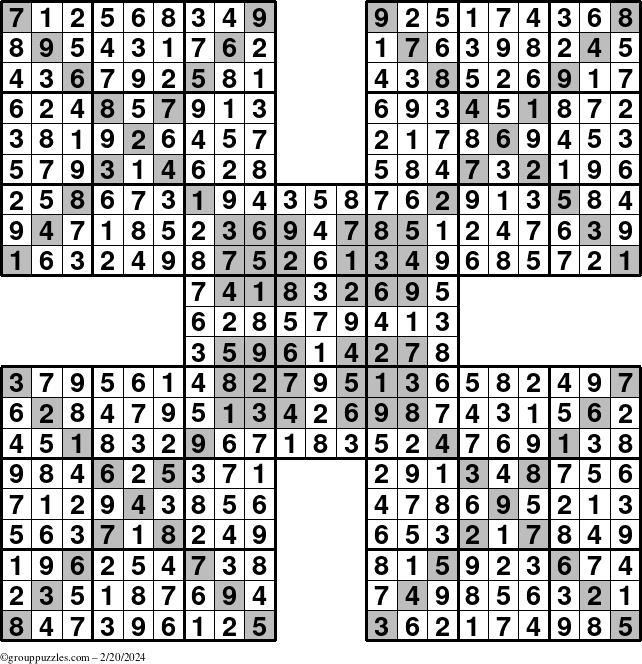 The grouppuzzles.com Answer grid for the HyperSudoku-Xtreme puzzle for Tuesday February 20, 2024