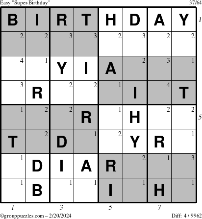 The grouppuzzles.com Easy Super-Birthday puzzle for Tuesday February 20, 2024 with all 4 steps marked