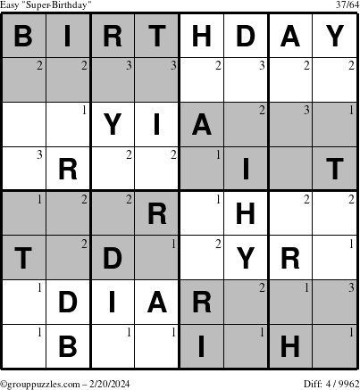 The grouppuzzles.com Easy Super-Birthday puzzle for Tuesday February 20, 2024 with the first 3 steps marked