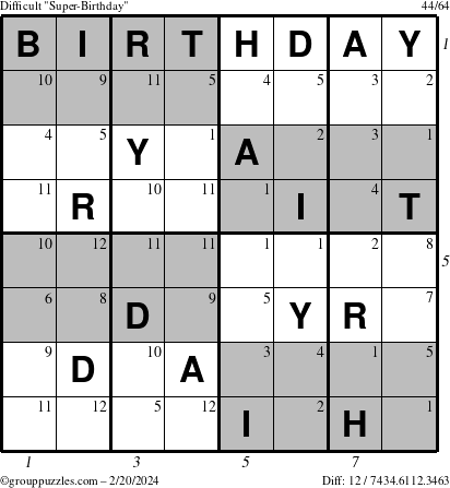 The grouppuzzles.com Difficult Super-Birthday puzzle for Tuesday February 20, 2024 with all 12 steps marked