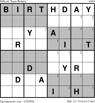 The grouppuzzles.com Difficult Super-Birthday puzzle for Tuesday February 20, 2024 with the first 3 steps marked
