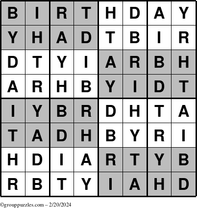 The grouppuzzles.com Answer grid for the Super-Birthday puzzle for Tuesday February 20, 2024