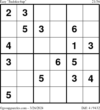 The grouppuzzles.com Easy Sudoku-6up puzzle for Tuesday March 26, 2024