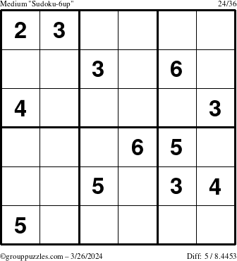 The grouppuzzles.com Medium Sudoku-6up puzzle for Tuesday March 26, 2024