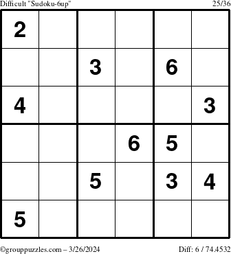 The grouppuzzles.com Difficult Sudoku-6up puzzle for Tuesday March 26, 2024