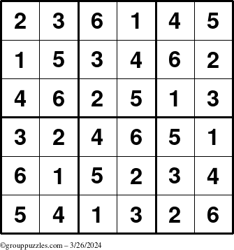 The grouppuzzles.com Answer grid for the Sudoku-6up puzzle for Tuesday March 26, 2024