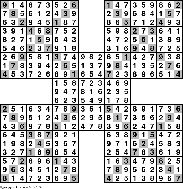 The grouppuzzles.com Answer grid for the Sudoku-Xtreme puzzle for Tuesday March 26, 2024