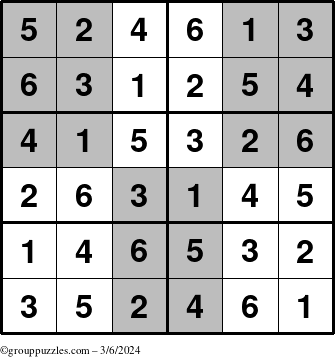 The grouppuzzles.com Answer grid for the SuperSudoku-Junior puzzle for Wednesday March 6, 2024
