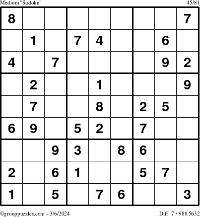 The grouppuzzles.com Medium Sudoku puzzle for Wednesday March 6, 2024