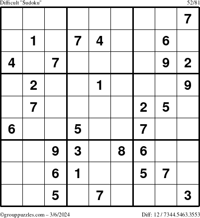 The grouppuzzles.com Difficult Sudoku puzzle for Wednesday March 6, 2024