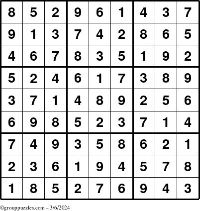 The grouppuzzles.com Answer grid for the Sudoku puzzle for Wednesday March 6, 2024
