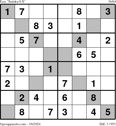 The grouppuzzles.com Easy Sudoku-8-X puzzle for Wednesday March 6, 2024