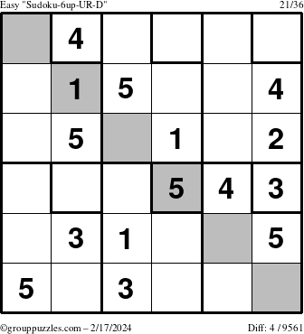 The grouppuzzles.com Easy Sudoku-6up-UR-D puzzle for Saturday February 17, 2024