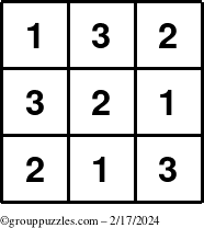 The grouppuzzles.com Answer grid for the TicTac-123 puzzle for Saturday February 17, 2024