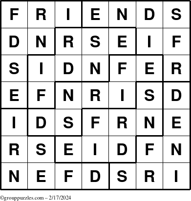 The grouppuzzles.com Answer grid for the Friends puzzle for Saturday February 17, 2024