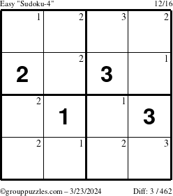 The grouppuzzles.com Easy Sudoku-4 puzzle for Saturday March 23, 2024 with the first 3 steps marked
