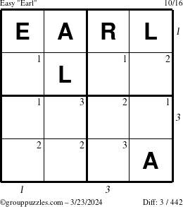 The grouppuzzles.com Easy Earl puzzle for Saturday March 23, 2024 with all 3 steps marked