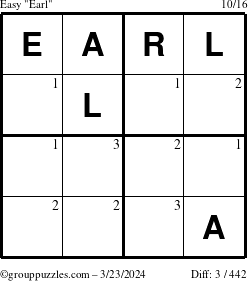 The grouppuzzles.com Easy Earl puzzle for Saturday March 23, 2024 with the first 3 steps marked