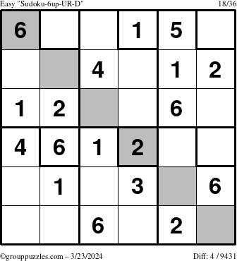The grouppuzzles.com Easy Sudoku-6up-UR-D puzzle for Saturday March 23, 2024