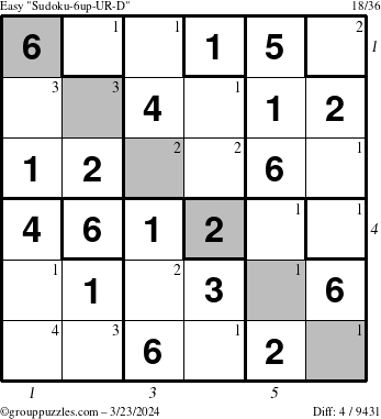 The grouppuzzles.com Easy Sudoku-6up-UR-D puzzle for Saturday March 23, 2024 with all 4 steps marked