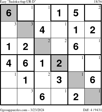 The grouppuzzles.com Easy Sudoku-6up-UR-D puzzle for Saturday March 23, 2024 with the first 3 steps marked