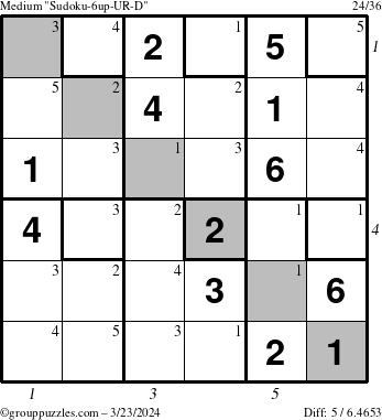 The grouppuzzles.com Medium Sudoku-6up-UR-D puzzle for Saturday March 23, 2024 with all 5 steps marked