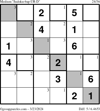 The grouppuzzles.com Medium Sudoku-6up-UR-D puzzle for Saturday March 23, 2024 with the first 3 steps marked