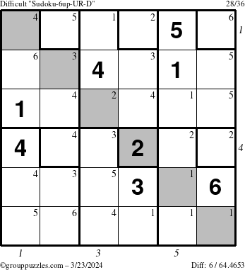 The grouppuzzles.com Difficult Sudoku-6up-UR-D puzzle for Saturday March 23, 2024 with all 6 steps marked
