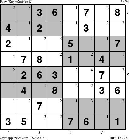 The grouppuzzles.com Easy SuperSudoku-8 puzzle for Saturday March 23, 2024 with all 4 steps marked