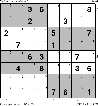 The grouppuzzles.com Medium SuperSudoku-8 puzzle for Saturday March 23, 2024 with all 8 steps marked