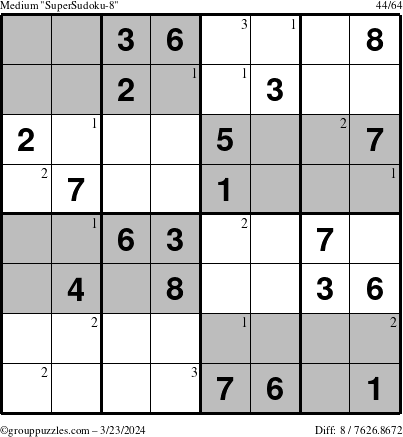 The grouppuzzles.com Medium SuperSudoku-8 puzzle for Saturday March 23, 2024 with the first 3 steps marked