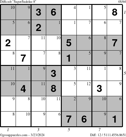 The grouppuzzles.com Difficult SuperSudoku-8 puzzle for Saturday March 23, 2024 with all 12 steps marked