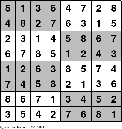 The grouppuzzles.com Answer grid for the SuperSudoku-8 puzzle for Saturday March 23, 2024