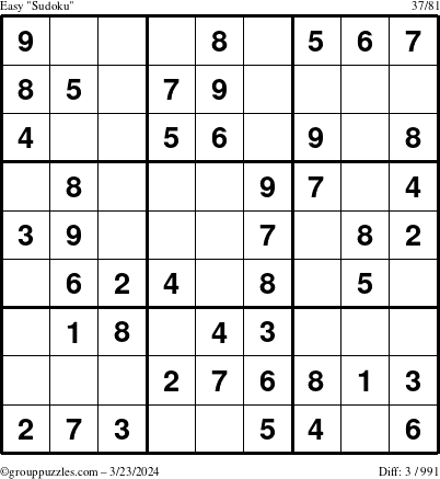The grouppuzzles.com Easy Sudoku puzzle for Saturday March 23, 2024